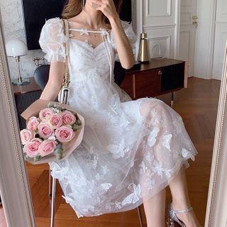 Short-sleeve Glitter Midi A-line Mesh Dress