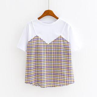 Mock Two-piece Short-sleeve Plaid Panel Top