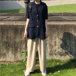 Short-sleeve Plain Blazer / High-waist Plain Pants