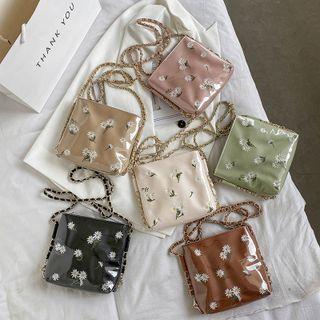 Floral Embroidered Pvc Panel Faux Leather Crossbody Bag