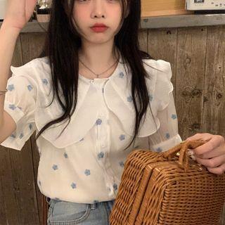 Short-sleeve Floral Embroidered Blouse Floral Embroidery - White - One Size