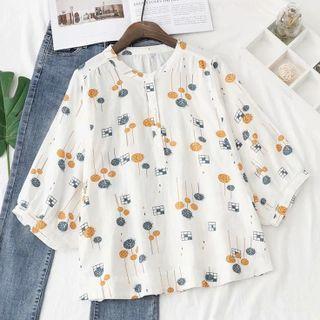 3/4-sleeve Printed Blouse White - One Size