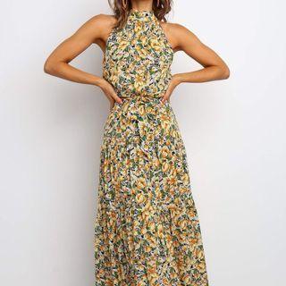 Halter-neck Flower Print Maxi A-line Dress