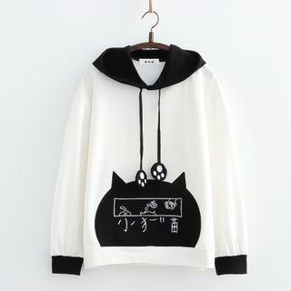 Two-tone Panel Embroidered Hoodie White - One Size