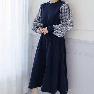 Gingham-sleeve Band-waist Dress