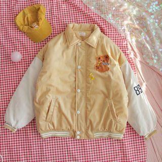 Bear Embroidered Corduroy Baseball Jacket White Sleeve - Yellow - One Size