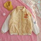 Bear Embroidered Corduroy Baseball Jacket White Sleeve - Yellow - One Size
