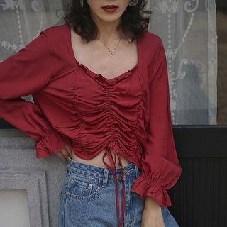 Long-sleeve Drawstring Crinkled Cropped Top