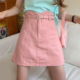 Belted Denim A-line Mini Skirt / Short-sleeve Checked Polo Shirt / Tie-neck Top