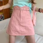 Belted Denim A-line Mini Skirt / Short-sleeve Checked Polo Shirt / Tie-neck Top