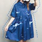 Printed Short-sleeve Chiffon Dress Blue - One Size