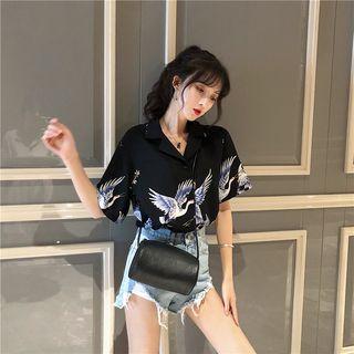 Short-sleeve Crane Print Shirt Short Sleeve - Navy Blue - One Size