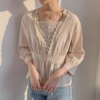 Long-sleeve Frill Trim Top Light Almond - One Size