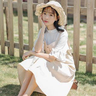 Elbow-sleeve Shirt / Sleeveless A-line Midi Dress