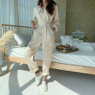 Corduroy Shirt Jumpsuit With Sash Cream - One Size