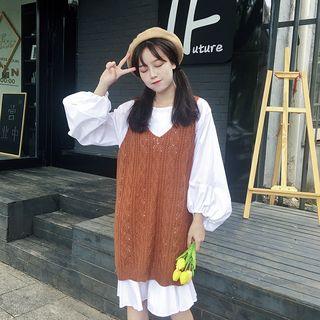 Set: Long-sleeve A-line Dress + Knit Long Vest