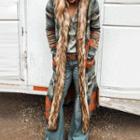 Printed Hooded Open Front Midi Coat