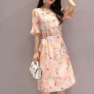 Elbow-sleeve Printed Frill Trim A-line Dress (various Designs)