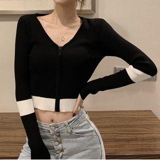 V-neck Two-tone Zip-up Cropped Cardigan