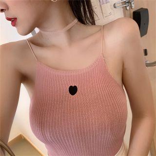 Heart Embroidered Halter-neck Ribbed Knit Top