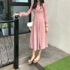 Plain High-waist Slim-fit Pleated Long-sleeve Dress