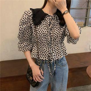 Collar Heart Print Bow Tie Blouse