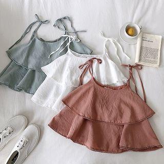 Plain Eyelet Lace Panel Ruffled-trim Strap Top