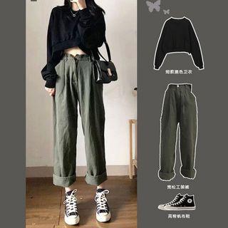 Set: Long Sleeve Cropped Top + Cargo Plain Pants
