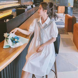 Set: Short-sleeve Midi A-line Shirt Dress + Shawl