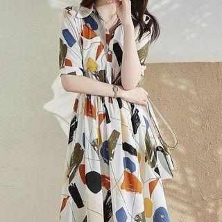 Short-sleeve Abstract Print Midi Shirt Dress
