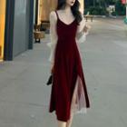 Set: Mesh Blouse + Midi A-line Overall Dress