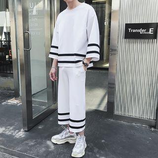 Set: Striped 3/4-sleeve T-shirt + Wide-leg Pants