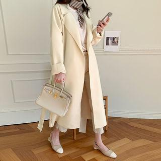 Wide-lapel Wrap Coat & Sash Cream - One Size