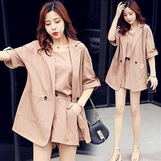 Set: Elbow-sleeve Double Breasted Blazer + Spaghetti Strap Top + Shorts