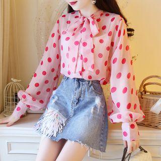 Set: Plain Camisole Top + Bow Accent Dotted Blouse