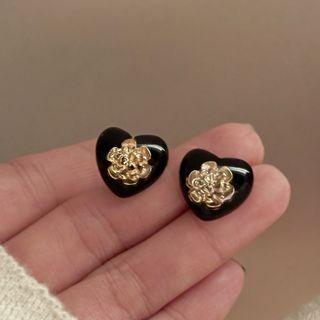 Heart Stud Earring Stud Earring - 1 Pair - S925 Silver Stud - Black - One Size