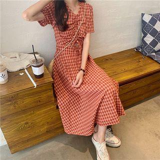 Short-sleeve Plaid Cutout Dress