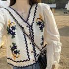 Floral Embroidered Contrast Trim Cardigan Navy Blue - One Size