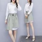 Set: Long-sleeve Mini A-line Shirtdress + Belted Mini A-line Skirt