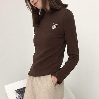 Long-sleeve Mock Neck Swan Print T-shirt