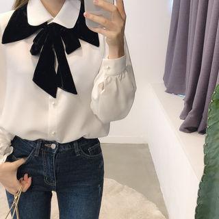 Tie-front Puff-sleeve Blouse Ivory - One Size