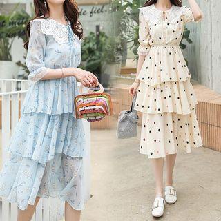 Lace Collar Elbow-sleeve Layered Dress