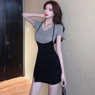 Set Of 2: Short-sleeve V-neck Plain Knit Top + Halter-neck Plain Side-slit Jumper Dress