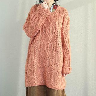 Cable Knit Long Sweater Orange Pink - One Size