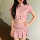 Short-sleeve Plaid Crop Shirt / Mini Skirt / Straight Leg Pants