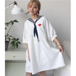 Heart Embroidered Sailor Collar 3/4 Sleeve Dress