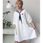 Heart Embroidered Sailor Collar 3/4 Sleeve Dress