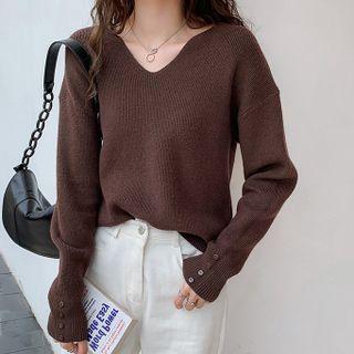 Long-sleeve V-neck Drop Shoulder Plain Loose Fit Knit Top