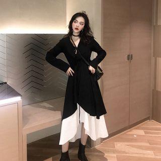 Set: Two-tone Spaghetti Strap Midi Shift Dress + Irregular Hem Drawstring Long-sleeve Dress