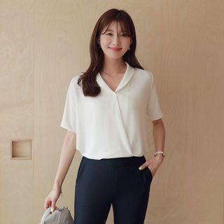 Shawl-collar Short-sleeve Wrap Blouse